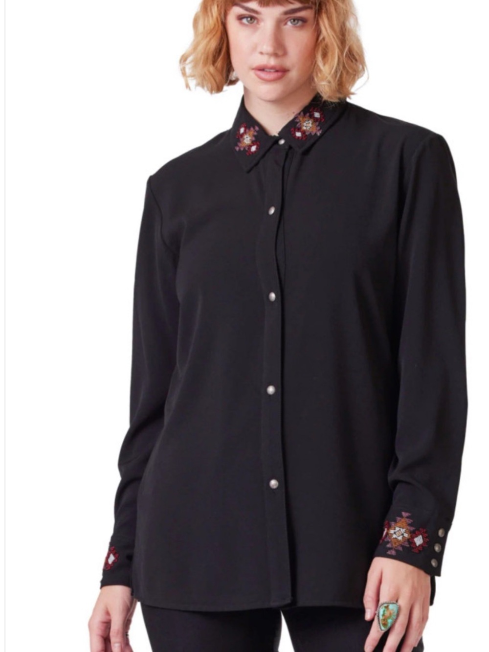 Double D Ranch Black Button-Down Shirt with Embroidered Floral Collar & Cuffs